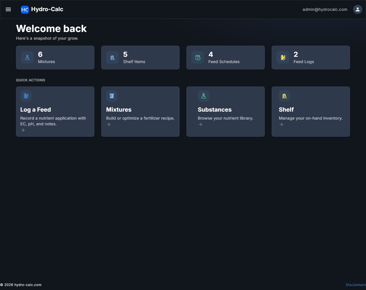 Hydro-Calc dashboard showing mixtures, shelf items, and quick actions